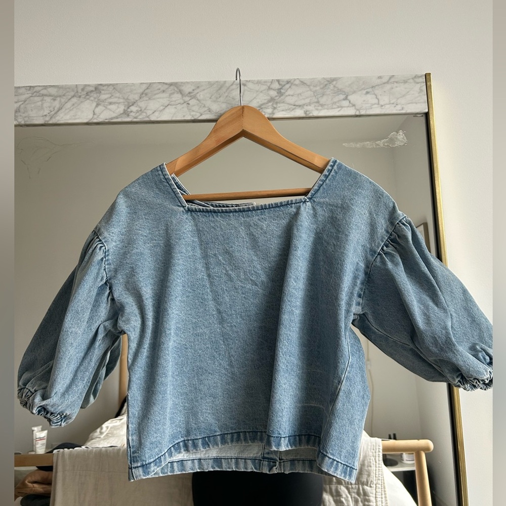 Denim Blue Puff Sleeve Crop Top
